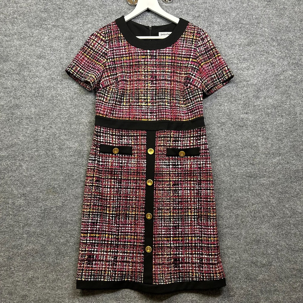 Shelby and Palmer Tweed Sheath Dress Womens M Pink Plaid Good Gold Button Front